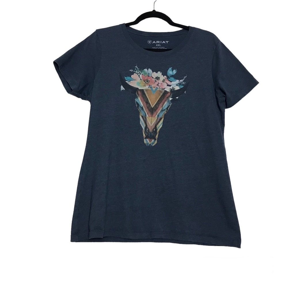 Ariat Blue Longhorn Graphic Floral Short Sleeve Shirt Women Sz XXL Western Ranch
